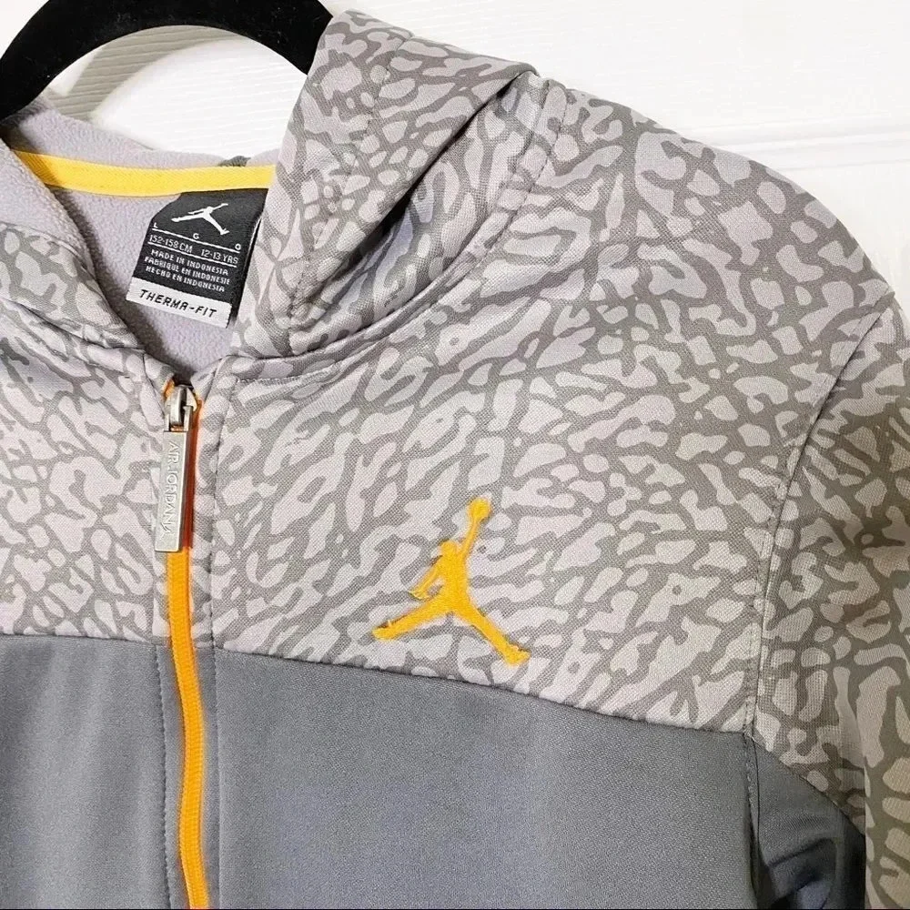 AIR JORDAN Large Youth Gray Orange Therma-Fit‎ Full Zip Hoodie